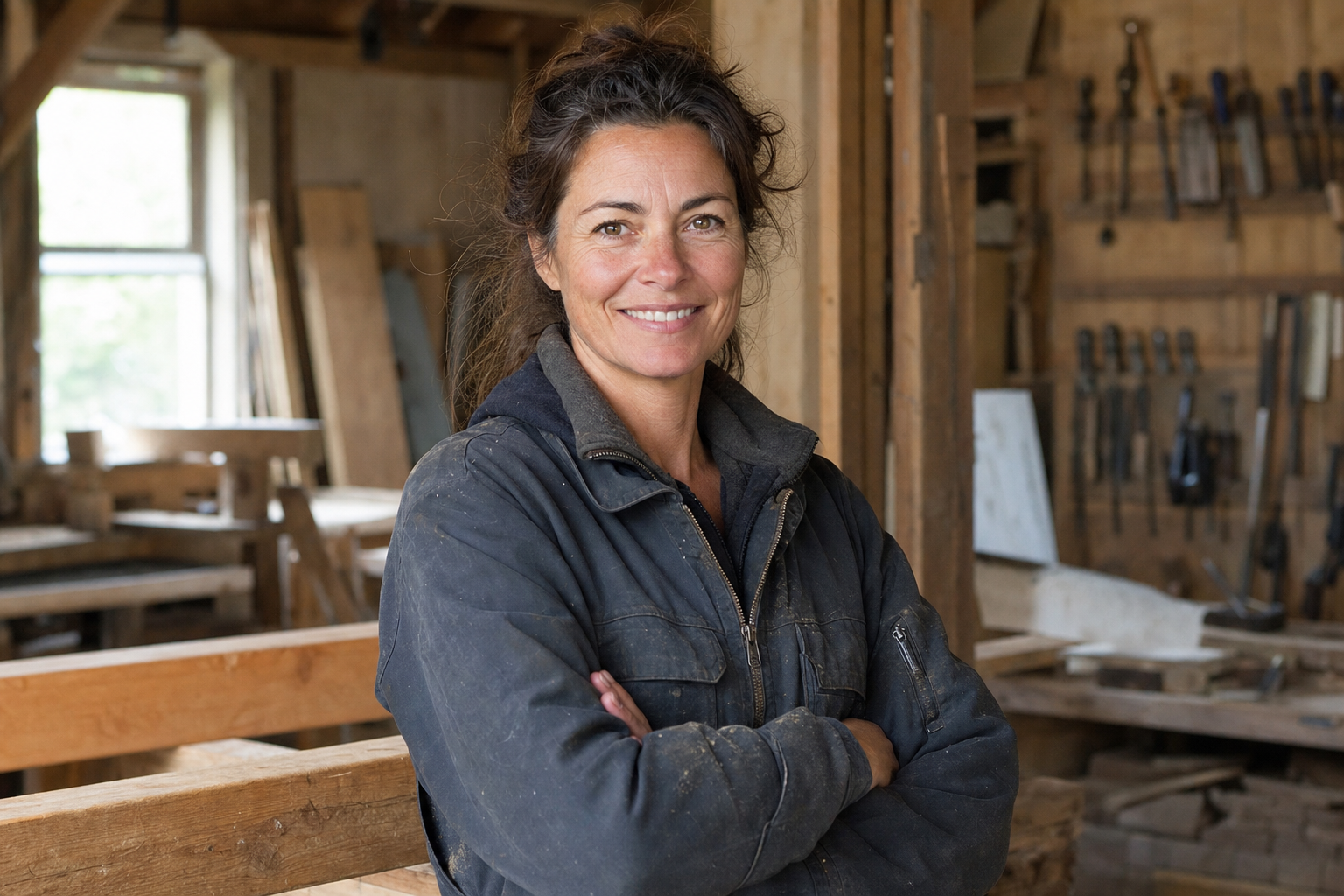 Elodie Blanchard, gérante et charpentière, examinant des plans d'exécution dans son atelier à Quimper