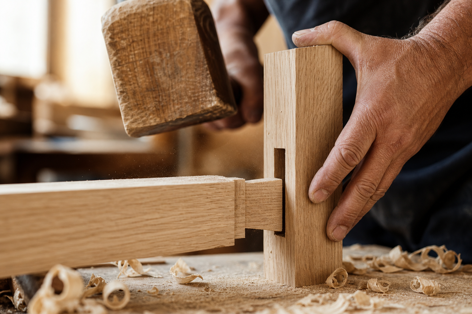Détail d'un assemblage traditionnel tenon-mortaise en bois de chêne