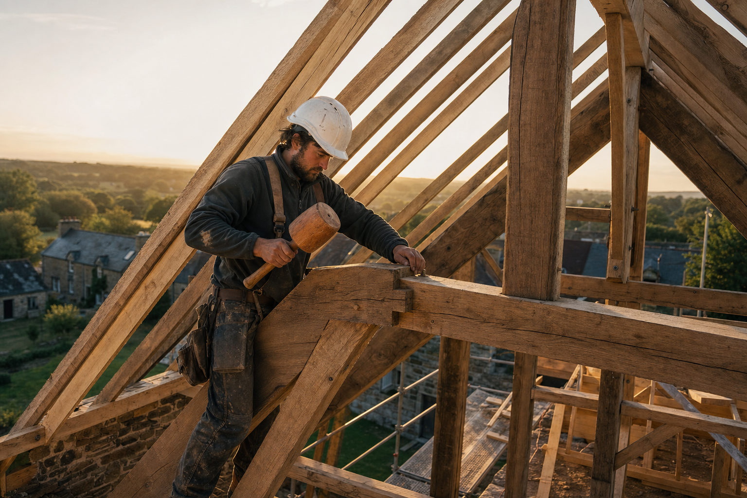 Charpentier ajustant une pièce de charpente traditionnelle en bois sur un chantier de toiture à Quimper