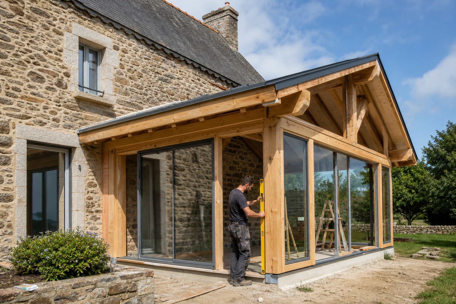 Extension véranda en bois adossée à une maison bretonne en construction
