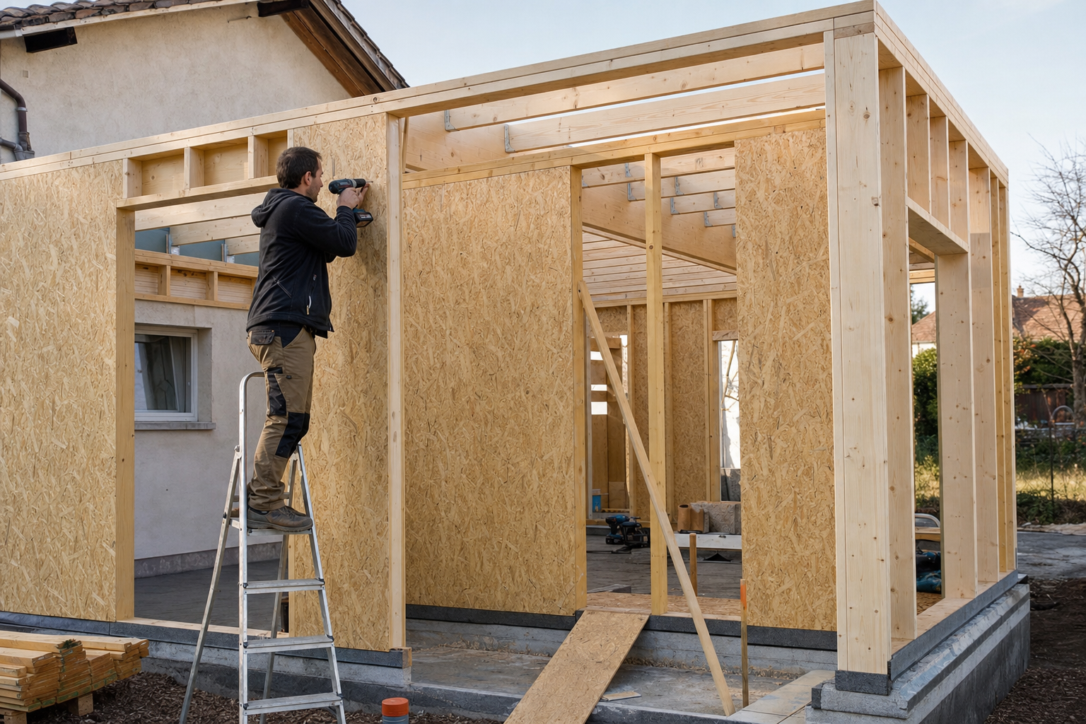 Ossature bois d'une extension de maison en cours de montage sur chantier