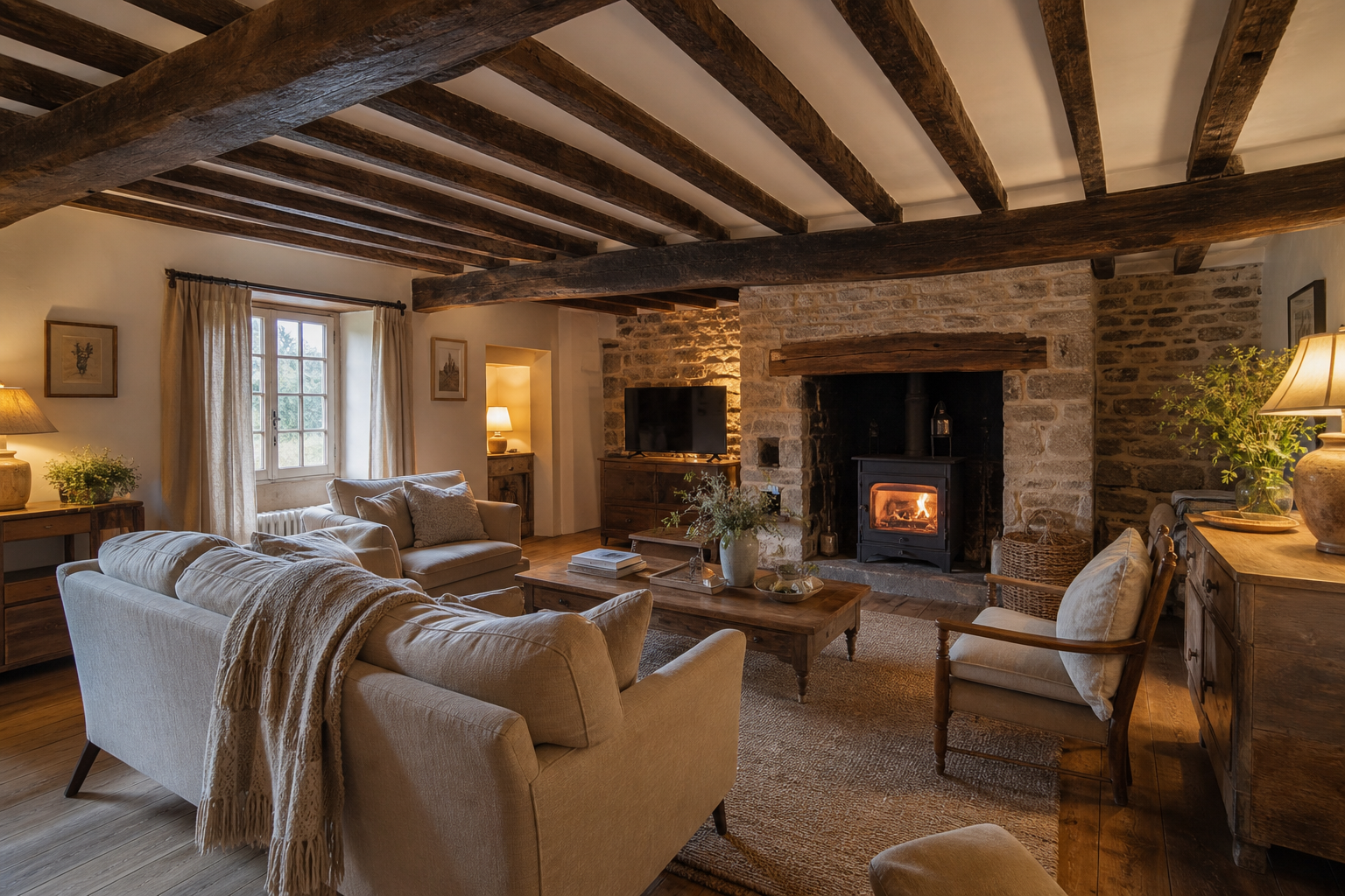 Salon rénové avec poutres apparentes en bois massif et aménagement intérieur chaleureux