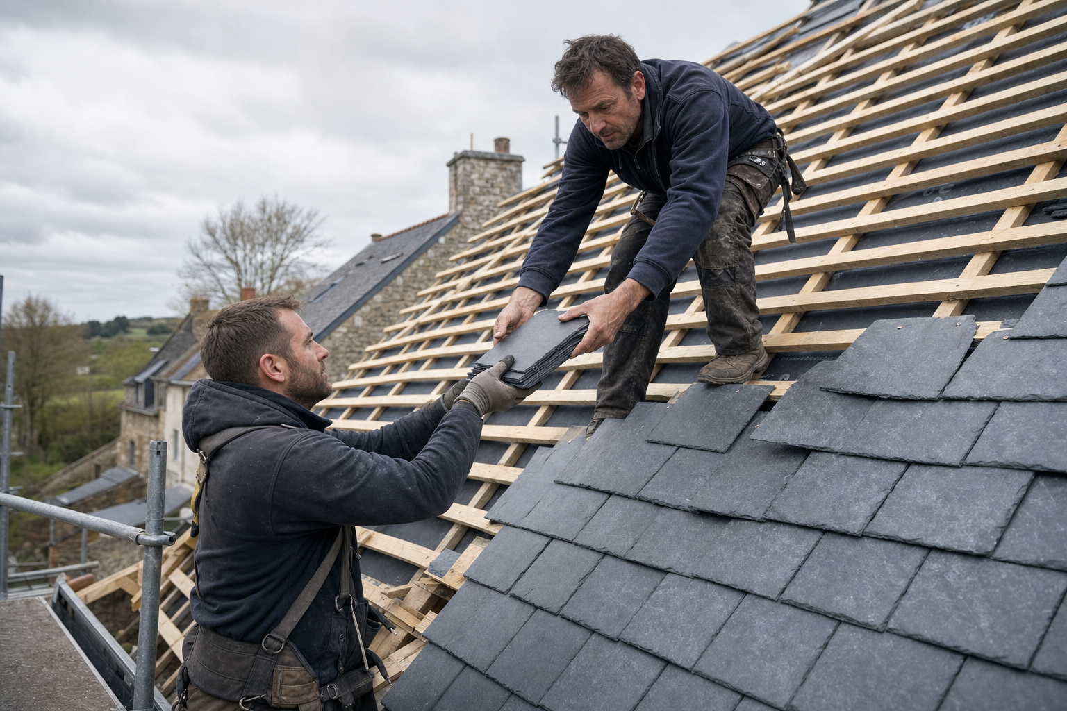 Artisans couvreurs posant des ardoises naturelles sur une charpente rénovée à Quimper